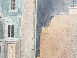 a watercolor painting of a building with a clock on it