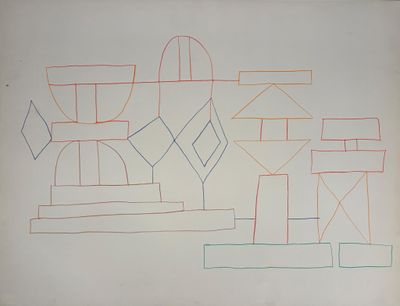 a drawing on the wall of a building that has geometric shapes drawn on it