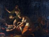 an image of a painting of a group of people in a dark room