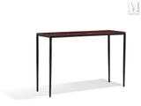 a wooden table with black legs and a wooden top