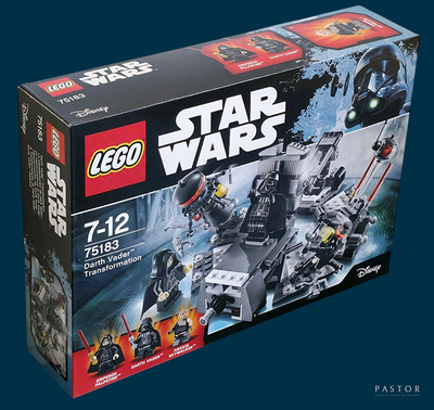 une boîte contenant des sets Lego Star Wars sur fond bleu