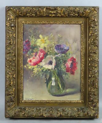 une peinture de fleurs dans un vase sur une table