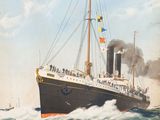 tableau représentant un grand navire en mer d'où s'échappe de la fumée