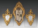 three different views of a gold framed mirror and a mirror on a wall