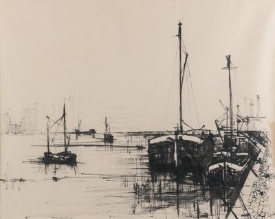 sketches of boats in a harbor with a city in the background