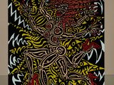peinture abstraite représentant un oiseau sur fond noir, rehaussée de touches de jaune et de rouge