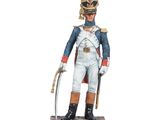 figurine représentant un soldat en uniforme, muni d'une épée, posée sur un socle en bois