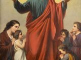 a painting of jesus standing in front of a group of children