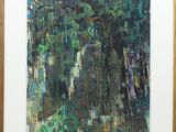 an oil painting of a tree with green leaves in a white frame