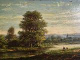 painting of a landscape with a river and trees in the foreground