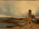 an image of a painting of a lighthouse on a rocky shore