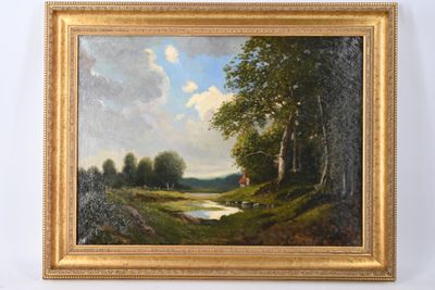 une peinture à l'huile représentant un paysage avec une rivière au premier plan et des arbres à l'arrière-plan