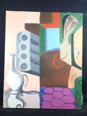 a painting of a woman and a vase on a table