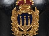 a gold and blue badge with a crown on top of it