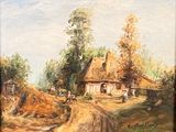 tableau représentant une route de campagne avec une maison et un cheval au premier plan