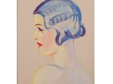 an oil painting of a woman with a blue hat on her head