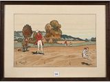 painting of a baseball game in progress with the batter ready to hit the ball