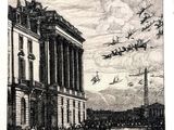 a drawing of a building with a clock tower in the background