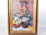 tableau représentant une femme assise sur une table, avec un bol de fruits devant elle