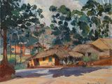 un tableau représentant un village avec un toit de chaume et des arbres