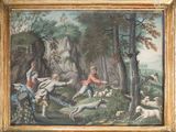 tableau représentant une scène de chasse avec des chasseurs et des chiens dans un décor boisé
