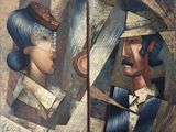 deux tableaux représentant un homme avec un chapeau et une femme avec une cravate