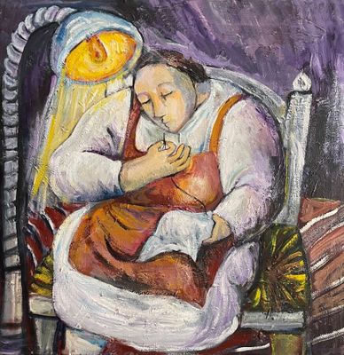 une peinture à l'huile représentant une femme assise sur une chaise, tenant un bébé dans ses bras