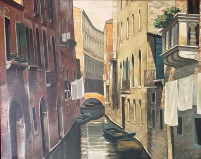a painting of a boat on a canal in a city