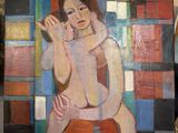 painting of a woman sitting on a stool in a room