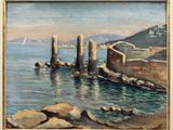 une image représentant un tableau d'un port avec des rochers et de l'eau