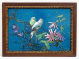 a painting of two birds sitting on a branch of a tree