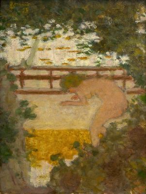 tableau représentant une femme assise sur un banc dans un parc