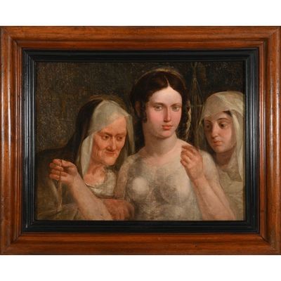 une image représentant un tableau de trois femmes, dans un cadre en bois