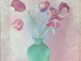 a painting of pink flowers in a green vase