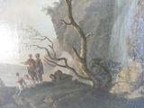 a painting of a man riding a horse in the mountains