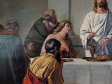 a painting of jesus sitting at a table with a group of people