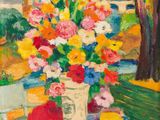 painting of a table with a vase of flowers and fruit on it