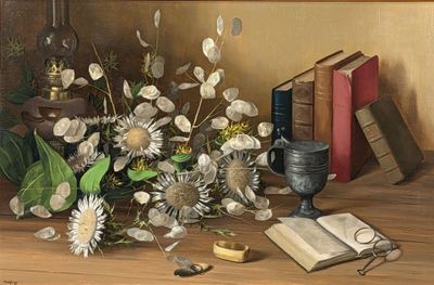 a painting of a vase of flowers and a book on a table