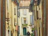 an oil painting of a street scene with a person on a motor scooter