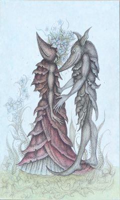 illustration of a fairy and a fairy - like creature standing next to each other in a field