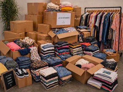 a large pile of clothes and boxes in a room