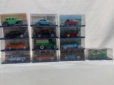 six toy cars that are sitting in a stack