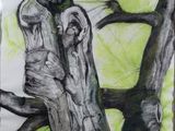 drawing of a tree trunk with a bird perched on it ' s branch