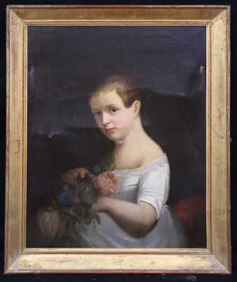 portrait of a young girl with a bouquet of flowers in a gold frame