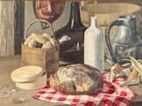 a painting of a loaf of bread on a table