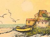 a painting of a boat in the water with a castle in the background