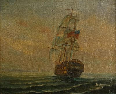 an oil painting of a ship in the middle of a body of water