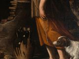 painting of a woman with a dog and a pot on a ledge