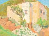 an oil painting of a house on a hill with a tree in the foreground