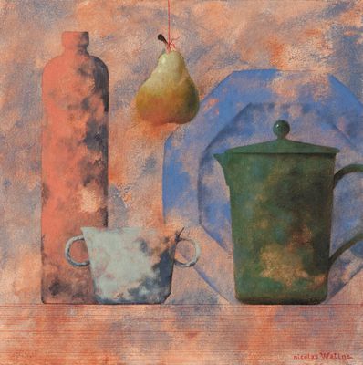 une peinture représentant une peinture d'une théière et d'une assiette sur laquelle est posée une poire